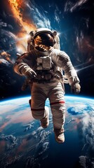 Fototapeta premium Astronaut in a spacesuit floating in the vastness of space with a planet in the background
