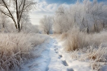 Path through snowy winter landscape. Generative AI