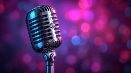 Fototapeta na wymiar Retro silver microphone on stage with pink and purple bokeh background