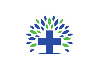 Fototapeta premium Tree medical cross symbol icon vector design. Cross tree logo design