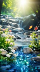 A beautiful landscape with a river, flowers, and butterflies