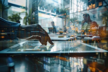 Futuristic Smart Office Navigation on Tablet. A hand holds a tablet displaying a 3D virtual office space, with workers engaging in a surreal, gravity-defying environment.

