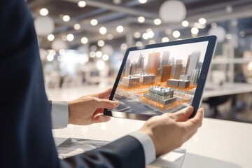 Futuristic Smart Office Navigation on Tablet. A hand holds a tablet displaying a 3D virtual office space, with workers engaging in a surreal, gravity-defying environment.