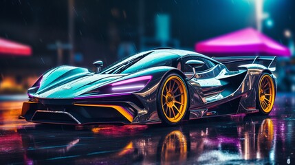 A sleek black sports car with yellow rims is parked on a wet city street at night. The car is illuminated by the colorful lights of the city. - obrazy, fototapety, plakaty