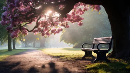 Fotobehang A park bench sits under a cherry tree in full bloom. © Du
