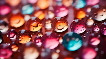 Colorful water drops on a reflective surface - obrazy, fototapety, plakaty