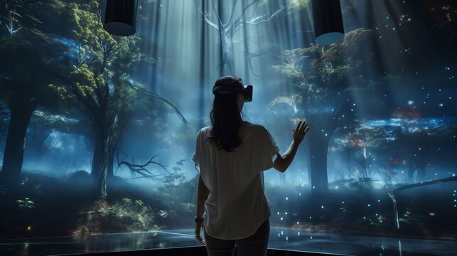 Woman with VR goggles in a virtual reality room with nature experience on the screen in the background