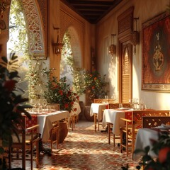 Fototapeta na wymiar A beautiful Moroccan restaurant with a tiled floor and arched doorways