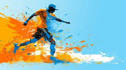 A dynamic illustration of a Black male soccer player in a blue and orange uniform, kicking the ball with power and precision, with paint splashes in the background