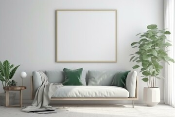 Mockup with frame on white wall, gray sofa, tropical pillow, green plaid, lamp, plant, 3D rendering. Generative AI