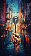 A hand holding a key in an alleyway