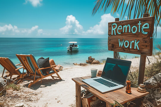 Remote work concept image with a man working from the beach on his laptop computer