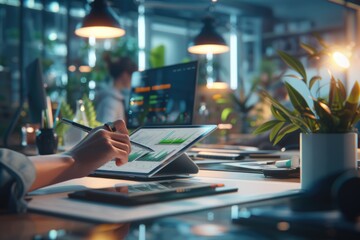 Futuristic Smart Office Navigation on Tablet. A hand holds a tablet displaying a 3D virtual office space, with workers engaging in a surreal, gravity-defying environment.

