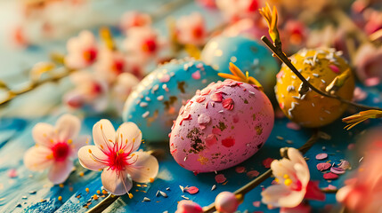 Colorful Easter eggs with cherry blossoms on color background.