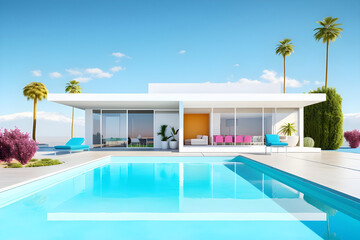 3d rendering of modern cozy house with pool and parking for sale or rent - Ai Generated