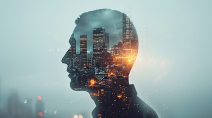 Abstract image of businessman's head silhouette with city emerging from ideas in head and mind. It symbolizes the thoughts and ideas buzzing in your head.