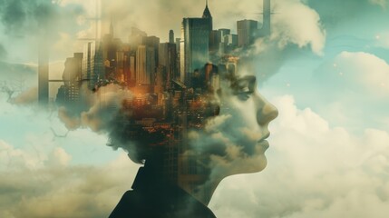 Abstract image of businessman's head silhouette with city emerging from ideas in head and mind. It symbolizes the thoughts and ideas buzzing in your head.