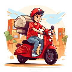 Deliveryman runs fast with the scooter to deliver pizza. Generative AI - 733057836