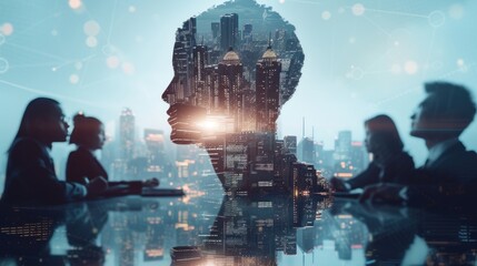 Abstract image of a businessman's head silhouette with a city popping up from thoughts in the head and mind. It symbolizes the thoughts and ideas buzzing in your head. Illustration concept - obrazy, fototapety, plakaty