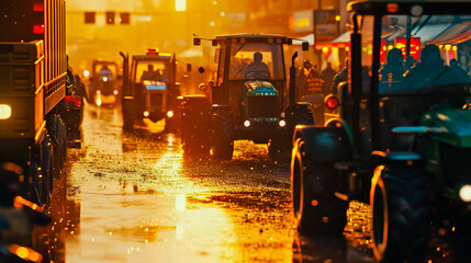 Demonstration and farmers' strike. Lots of people and lots of tractors and trucks out on the city...