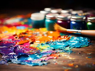 Obraz premium paints and brushes. Copy space. Bright background with colors. creative potential. creative thinking.
