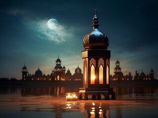 Fototapeta premium Ramadan Kareem greeting photo . Beautiful Arabian lantern. postcard. Lantern on the background of Arabic architecture