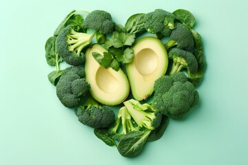 Heart shape, made of broccoli, avakado and greens. Healthy Lifestyle