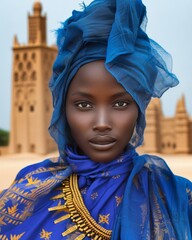 Portrait of a beautiful African woman in a blue cloth in front of a mosque. Mali beauty with ebony skin, adorned in traditional vibrant indigo garments and intricate gold jewelry.