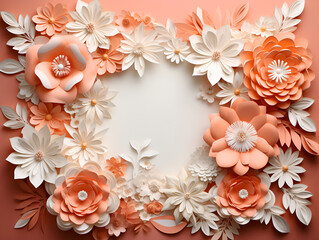 Colourful handmade paper flowers on peach color background. Beautiful floral background. copy space in the center of the picture