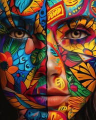 Portrait of a beautiful girl with creative make-up over grunge background. Close up portrait of a beautiful woman with multicolored face art. AWoman with half of her face adorned in vibrant