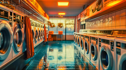 Interior of a self-service laundry. - obrazy, fototapety, plakaty