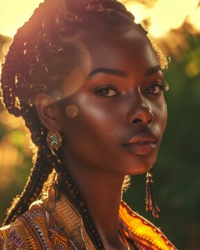 Young Nigerian woman with rich, ebony skin, adorned in traditional attire, her eyes reflecting the vibrancy of her culture. The image is set against the backdrop of the iconic Zuma Rock/