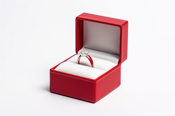 Red open leather ring box display jewelry gift on white background with copy space. Valentine's day, Mother's day, Women's Day , Wedding and love concept. Wedding ring in a red gift box