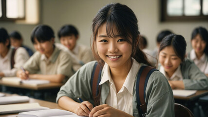 Studentessa di origini asiatiche sorridente durante una lezione in classe