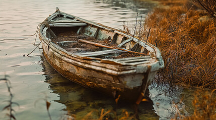 Lonely dilapidated boat on the lake