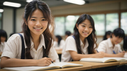 Studentesse di origini asiatiche sorridenti durante una lezione in classe