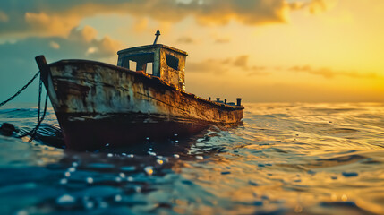 Fototapeta premium Lonely dilapidated boat on the lake