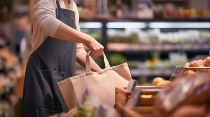 A grocery store cashier preparing to pack food into a canvas bag, eco-friendly shopping concept