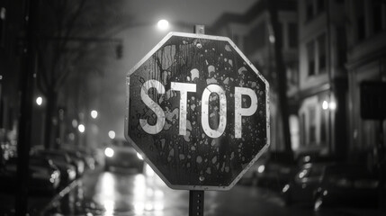Rainy Night with Black and White Stop Sign.
Black and white image of a stop sign on a rainy night street.