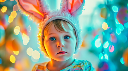 Fototapeta premium Portrait of funny kid boy with plush bunny ears on head covering eyes with multicolored Easter eggs.