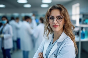 Beautiful young woman scientist wearing white coat and glasses in modern Medical Science Laboratory with Team of Specialists on background, Generative AI 