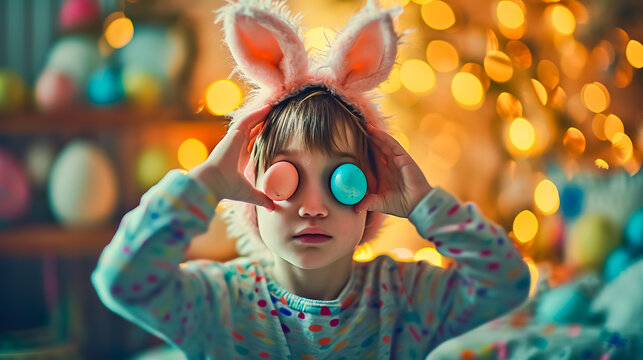Portrait of funny kid boy with plush bunny ears on head covering eyes with multicolored Easter eggs.