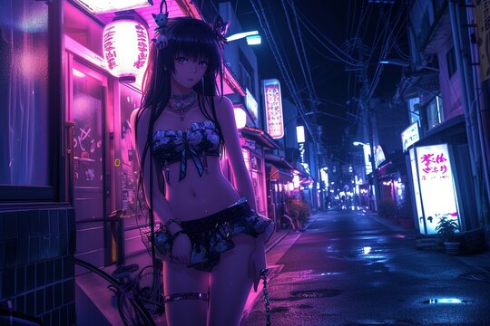 Young anime woman bikini party outfit on the street