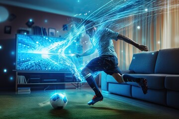 Streaming tv channel of soccer player who kicks the ball. Generative AI - obrazy, fototapety, plakaty