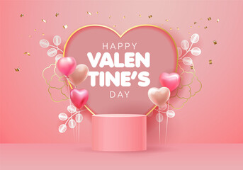 Happy Valentine's day or wedding celebration card. 3d elegant soft pink product podium scene with glossy pink and white heart shape balloons and paper blossom, gold heart frame, confetti. Vector