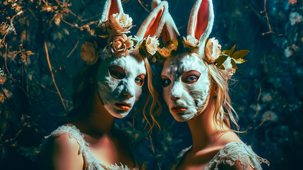 Two blonde woman's dressed in Easter bunny mask and dress and is posing.