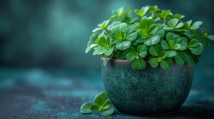 Clover leaves in a pot on the table. St. Patrick's Day