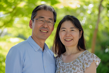 Fototapeta premium Smiling Asian couple enjoying a sunny day outdoors