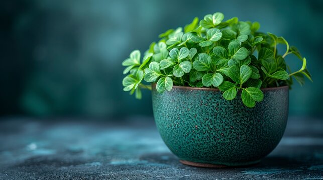Clover leaves in a pot on the table. St. Patrick's Day
