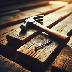 Hammer and nail lay on wooden plank awaiting use

